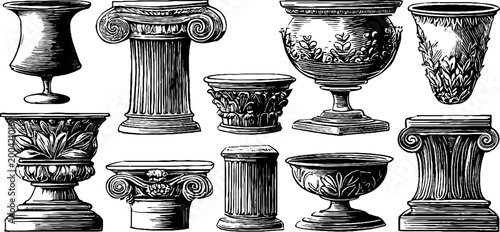 Classical architectural capitals and urns arranged on white background