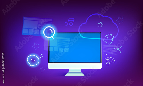 Creative digital illustration showing modern computer monitor surrounded by icons representing web browsing search and multimedia activities