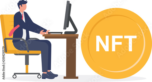 Professional working at desk with gold NFT coin