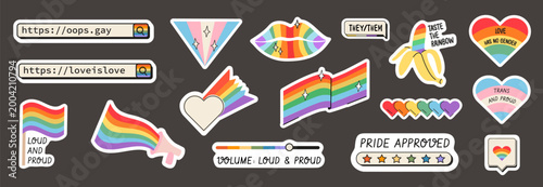 Retro LGBTQ pride sticker set with inclusive rainbow slogans. Vintage computer ui search bars, transgender flag icons, lesbian symbols, queer aesthetic graphics for digital design. Vector illustration