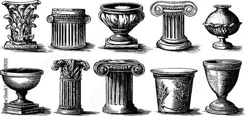 Antique column capitals and urns displayed on white background