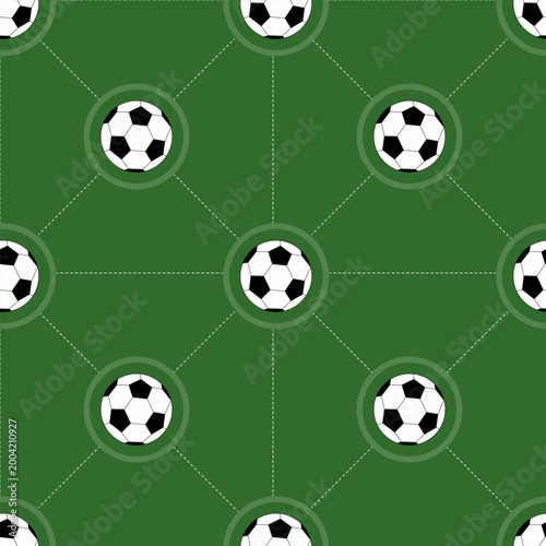 Seamless pattern with soccer balls connected by lines on green field background in flat simple style