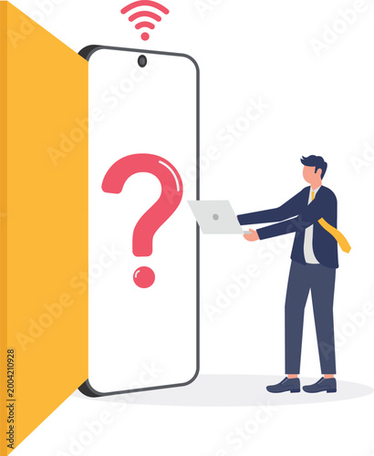 Professional at mobile portal with question mark