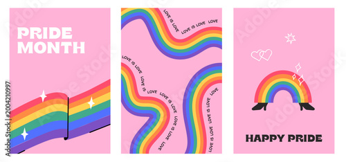 Fun Y2K aesthetic Pride poster set with retro rainbow character and LGBTQ flag. Trendy queer vertical banner, playful social media story graphic for inclusive marketing, gen z wall art print. Vector.