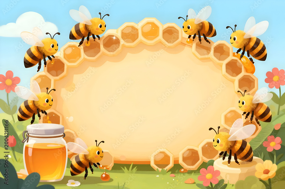 Fototapeta premium Cute cartoon bees frame template with blank honeycomb copy space and honey jar