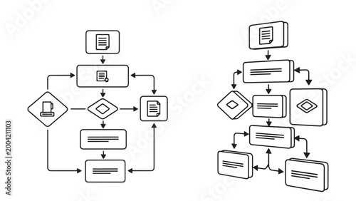 Business Process Flowcharts with 2D and 3D Isometric Vector Diagrams Illustrating Workflow Steps and Decision Points