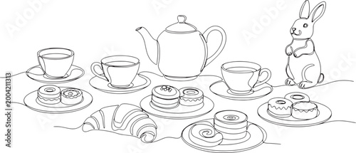 A charming line art illustration of a delightful tea party spread with pastries and a playful bunny