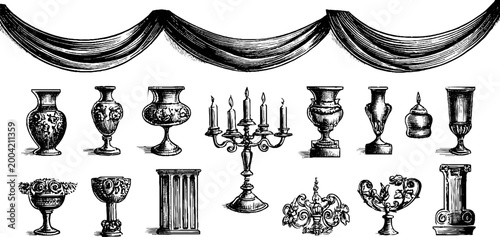 Collection of ornate urns and candelabra with fabric swag