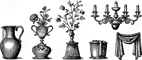 Antique pitchers and urns displayed on white background