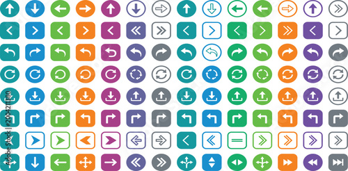 Mega collection of colorful arrow icons for web and mobile app interface design including navigation, download, upload, and refresh symbols in multiple styles isolated on white background