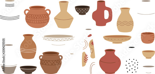Modern boho ceramic pottery collection with terracotta vases bowls and jars featuring minimalist patterns isolated on white background vector.