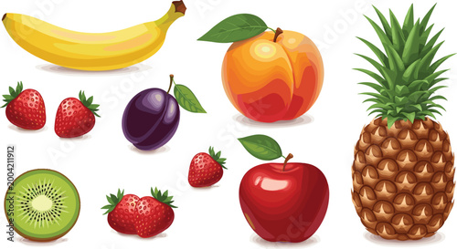 Colorful Fresh Fruit Vector Collection Featuring Banana, Pineapple, Apple, Strawberry, Kiwi, Plum, and Peach for Healthy Organic Food Digital Design Assets
