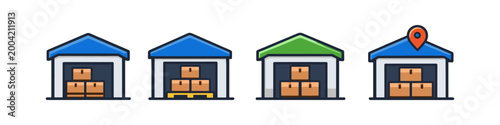Warehouse icons showing storage, logistics, and location services for inventory management