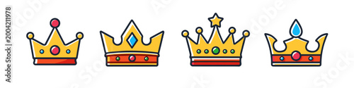 Collection of four distinct royal crowns with colorful jewel embellishments and gold accents