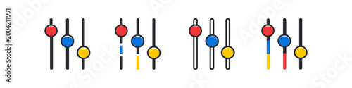Set of sliders with red, blue, and yellow control knobs on white background