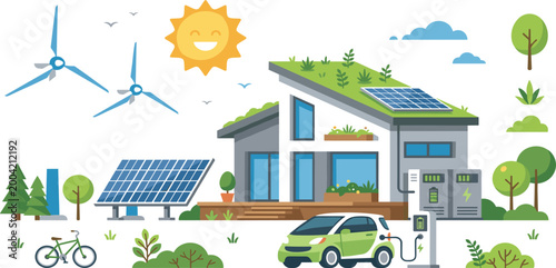 Sustainable smart house with renewable green energy solar panels wind turbines and electric car charging station vector illustration.