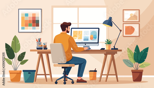 A man working from home at his desk with a computer, lamp, plants, and artwork on the wall