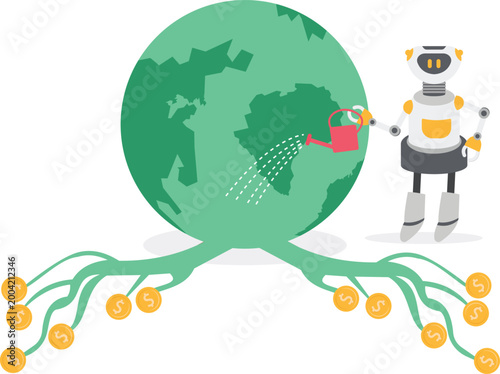 AI robot watering earth to grow money trees