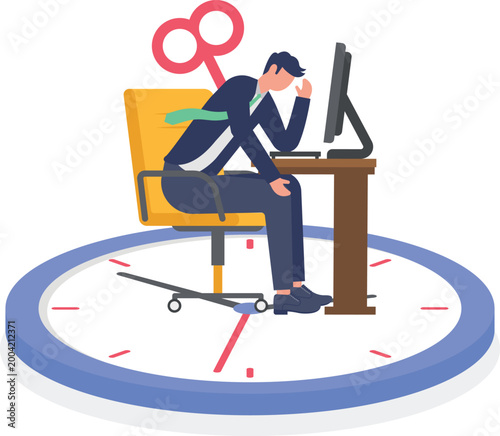 Tired professional with clock key on giant watch