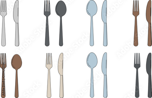 Obraz na plátně Cutlery utensil icon set with forks knives spoons in different styles for kitche