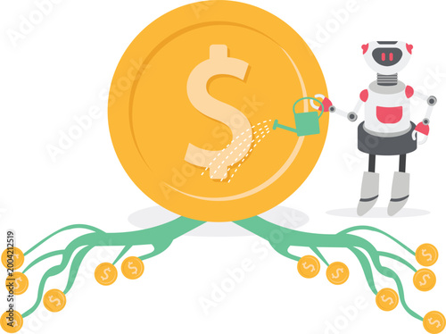 AI robot watering coin to grow money trees