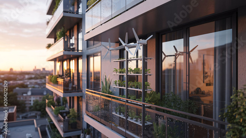 Apartment balcony features a vertical garden system integrated with wind turbines for sustainable energy production in a modern urban residential building during a vibrant golden hour sunset glow.