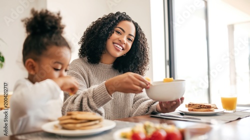 Happy African American mother and young daughter enjoying a healthy breakfast of pancakes and fruit together in a bright, modern kitchen, morning f...