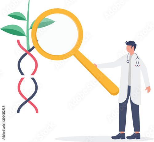 Doctor inspecting DNA and plant growth with glass