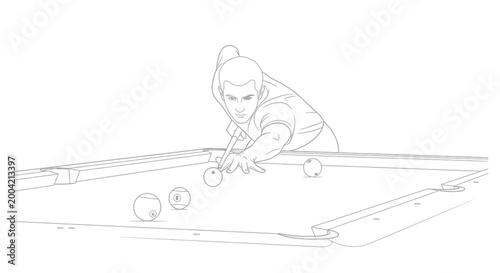 billiard player taking a shot in black and white line drawing