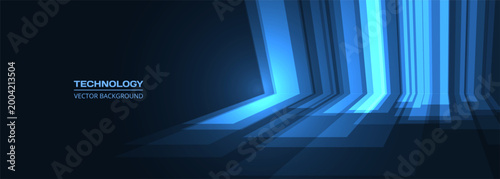 Glowing angled chevrons creating forward momentum with intense electric blue illumination and reflective floor, hightech corridor atmosphere evokes startup energy and innovation, perfect