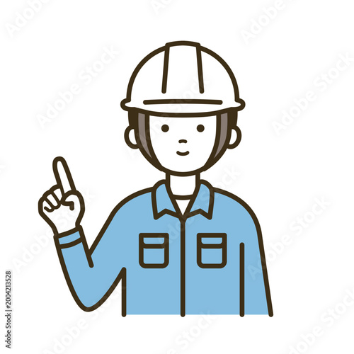 指差しポーズで注目を促す点検作業員の男性イラスト｜白ヘルメット・作業服・チェック