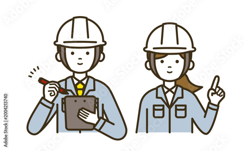 記録と指差しで現場確認を行う作業員の男女ペアセット｜作業服・ネクタイ・ブラウス・点検
