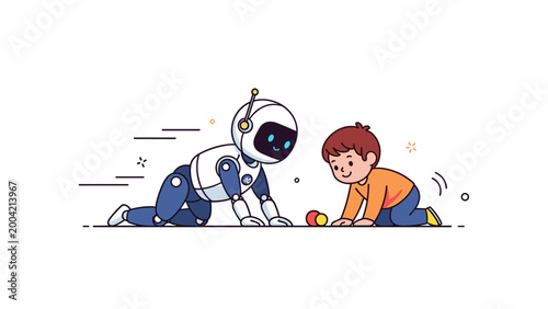 Friendly robot and caucasian child playing with toy ball on floor