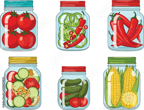 Preserved Vegetable Vector Collection Featuring Glass Mason Jars with Pickled Tomatoes, Peppers, Cucumbers, Corn, and Mixed Salads for Kitchen, Pantry, and Healthy Food Designs