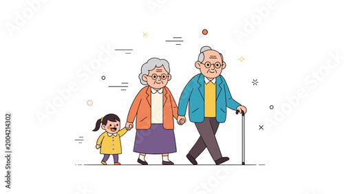 Elderly caucasian couple and asian child walking happily together