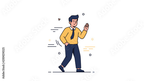 Animated young caucasian male walking with confidence in casual business attire