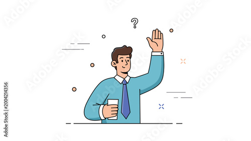 Young caucasian male asking a question while holding a coffee cup