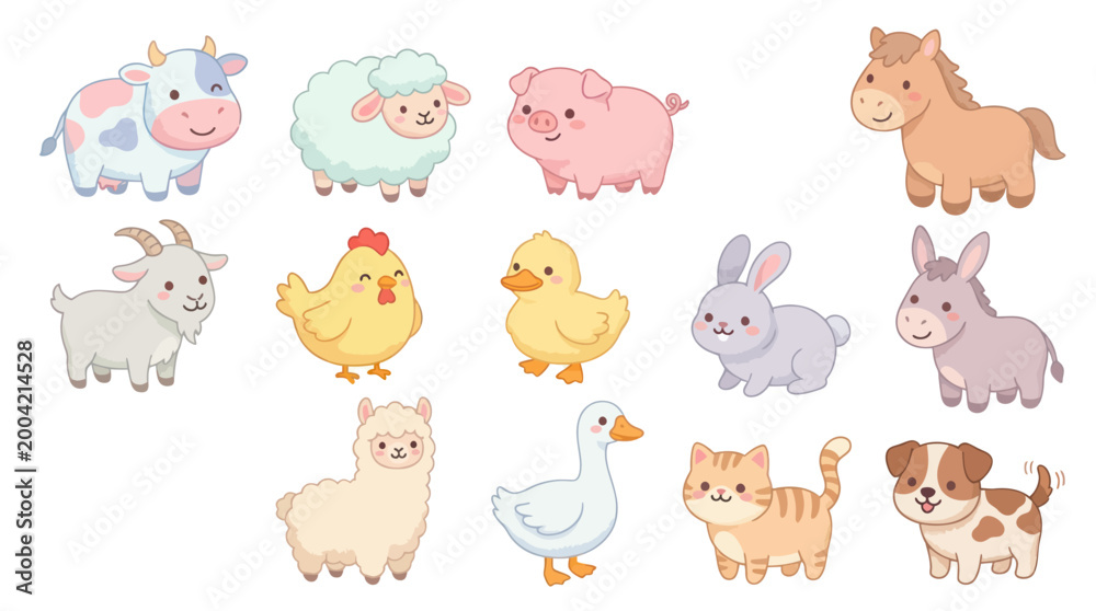 Fototapeta premium Cute Cartoon Farm Animals Collection Vector Illustration for Kids and Educational Content
