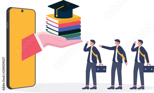 Hand offering graduation books from mobile screen