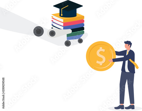 Robotic hand giving graduation books for money