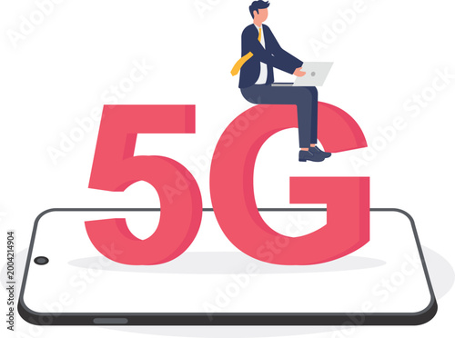 Professional sitting on 5G text on mobile
