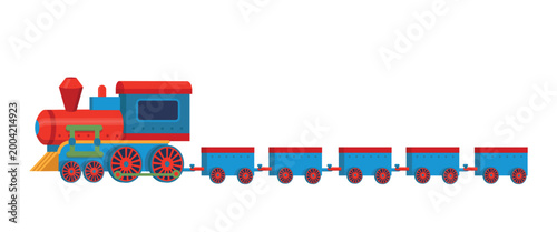  Cute colorful cartoon train with wagons isolated on white background. Fun transportation illustration for kids, perfect for educational materials, games, posters, and nursery design