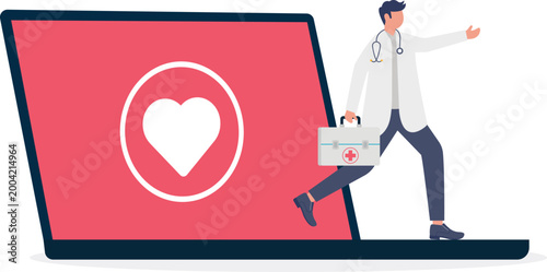 Doctor jumping from laptop with medical kit