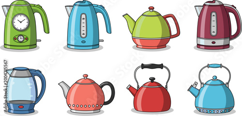 Modern and Vintage Kitchen Kettle Vector Collection Featuring Electric Water Boilers, Traditional Stove Top Teapots, and Colorful Tea Makers for Home Appliance and Interior Design Projects