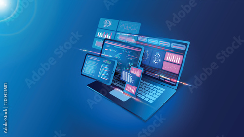 Modern digital dashboard analytics displayed on futuristic laptop tablet and desktop screens with glowing interface elements