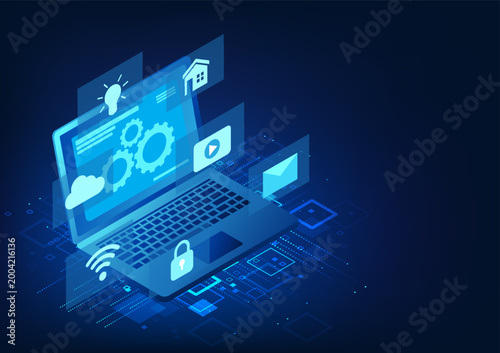 Modern digital illustration showing interconnected technology devices with icons representing cloud computing security and smart home solutions