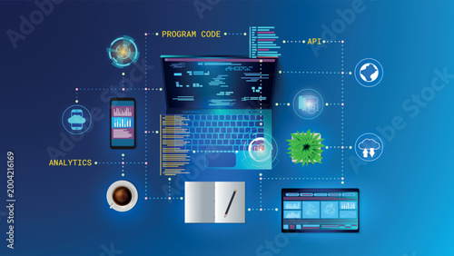 Modern digital workspace illustration showing coding programming analytics and data integration on connected devices