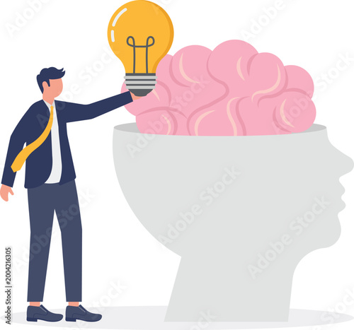 Professional placing lightbulb idea into giant brain