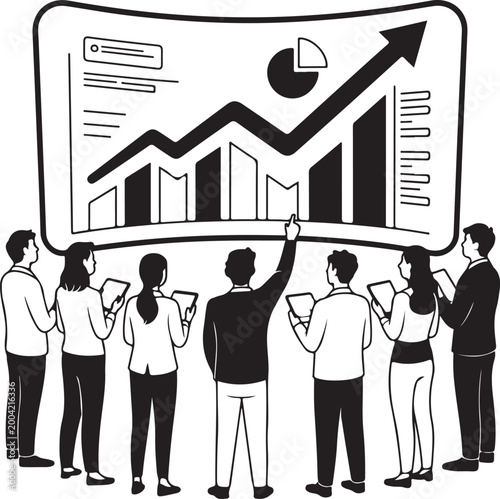 Modern Startup office growth concept scene with team analyzing upward charts
