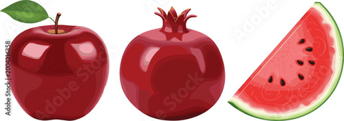 Fresh Red Fruit Vector Collection Featuring Whole Red Apple with Leaf, Pomegranate, and Watermelon Slice for Healthy Organic Food and Summer Themed Designs
